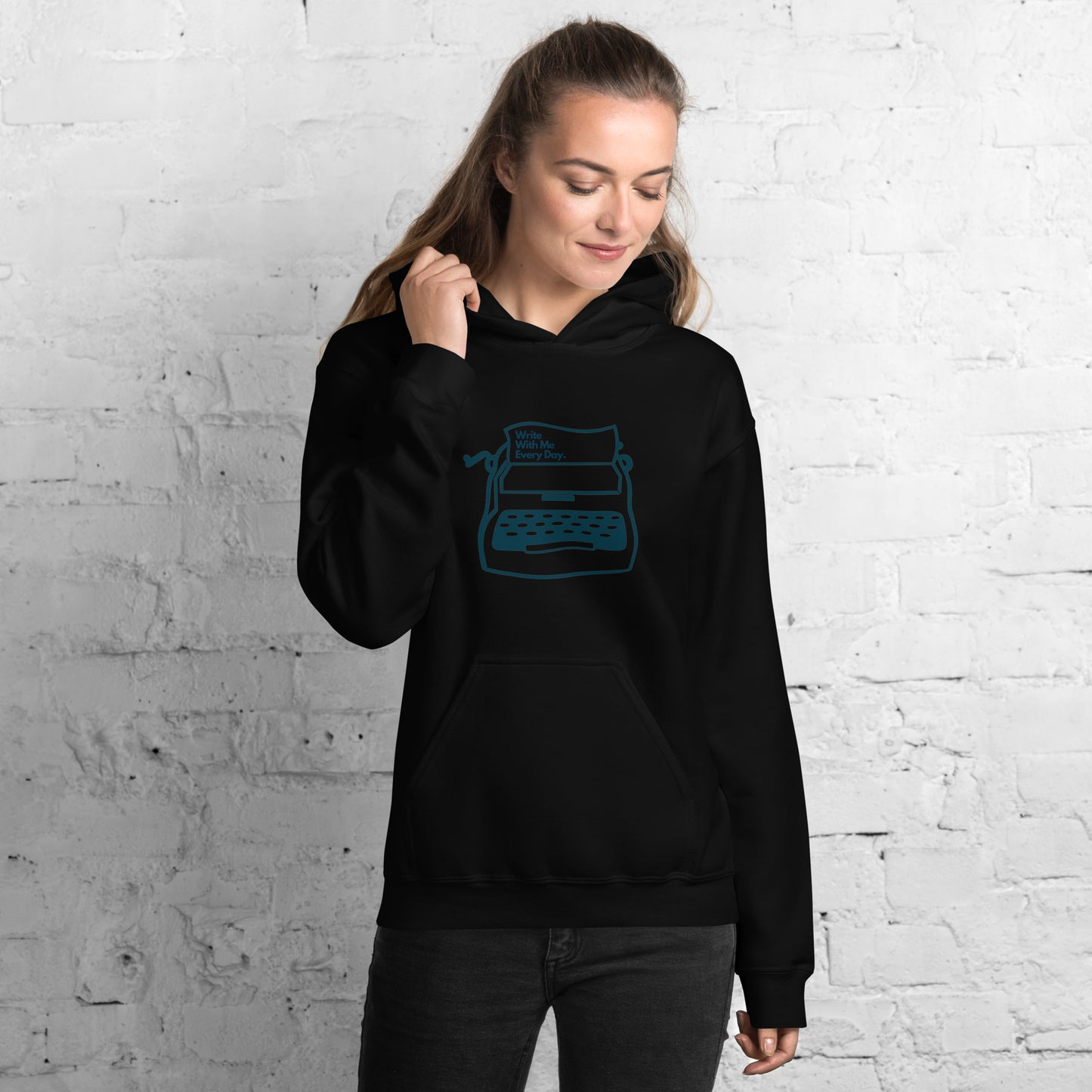 'Write With Me Every Day' Unisex Hoodie - Blue Typewriter