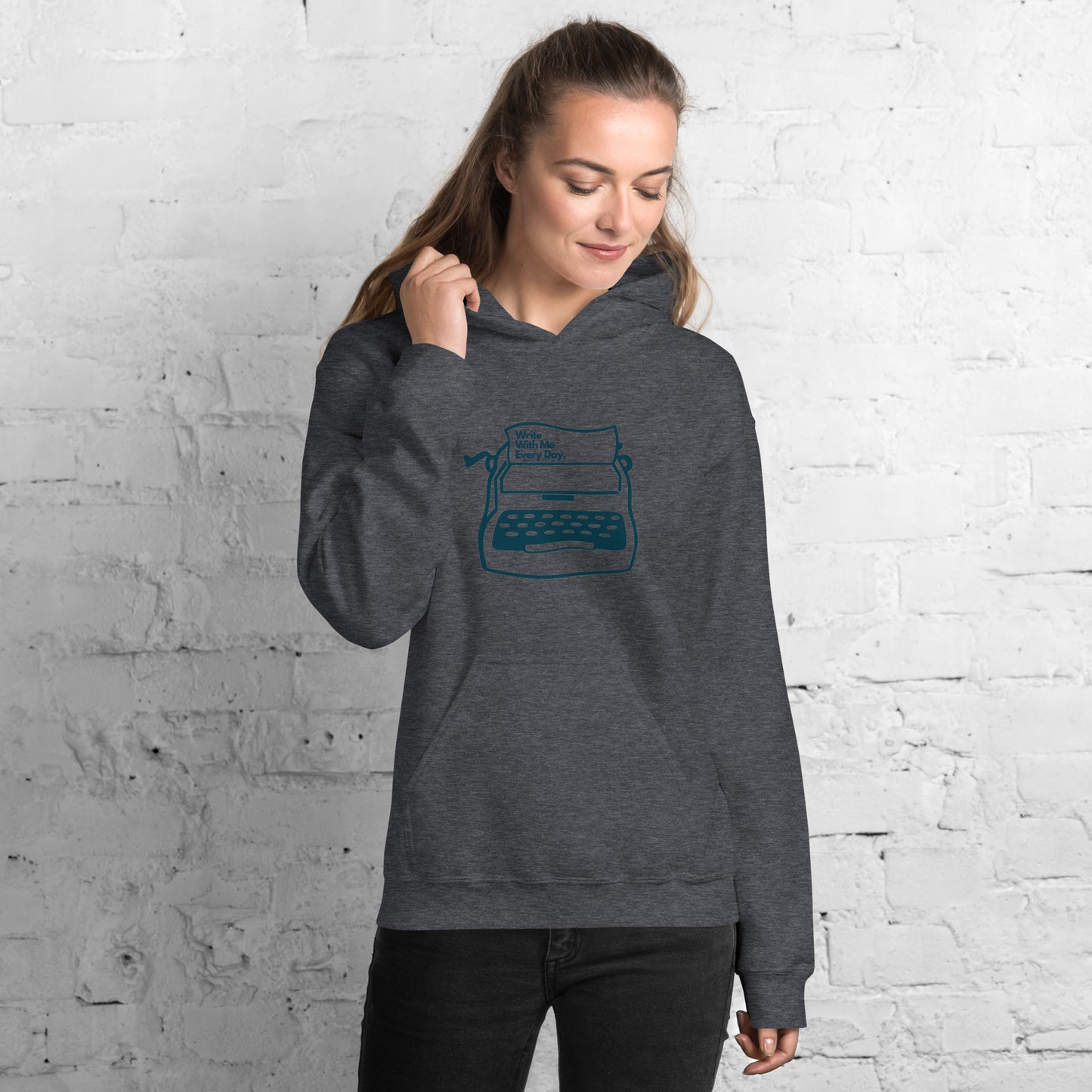 'Write With Me Every Day' Unisex Hoodie - Blue Typewriter
