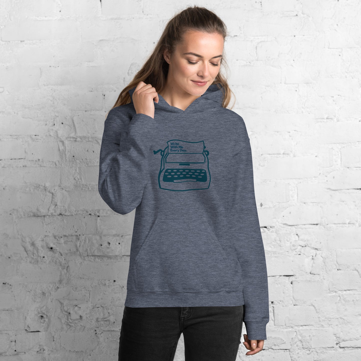 'Write With Me Every Day' Unisex Hoodie - Blue Typewriter