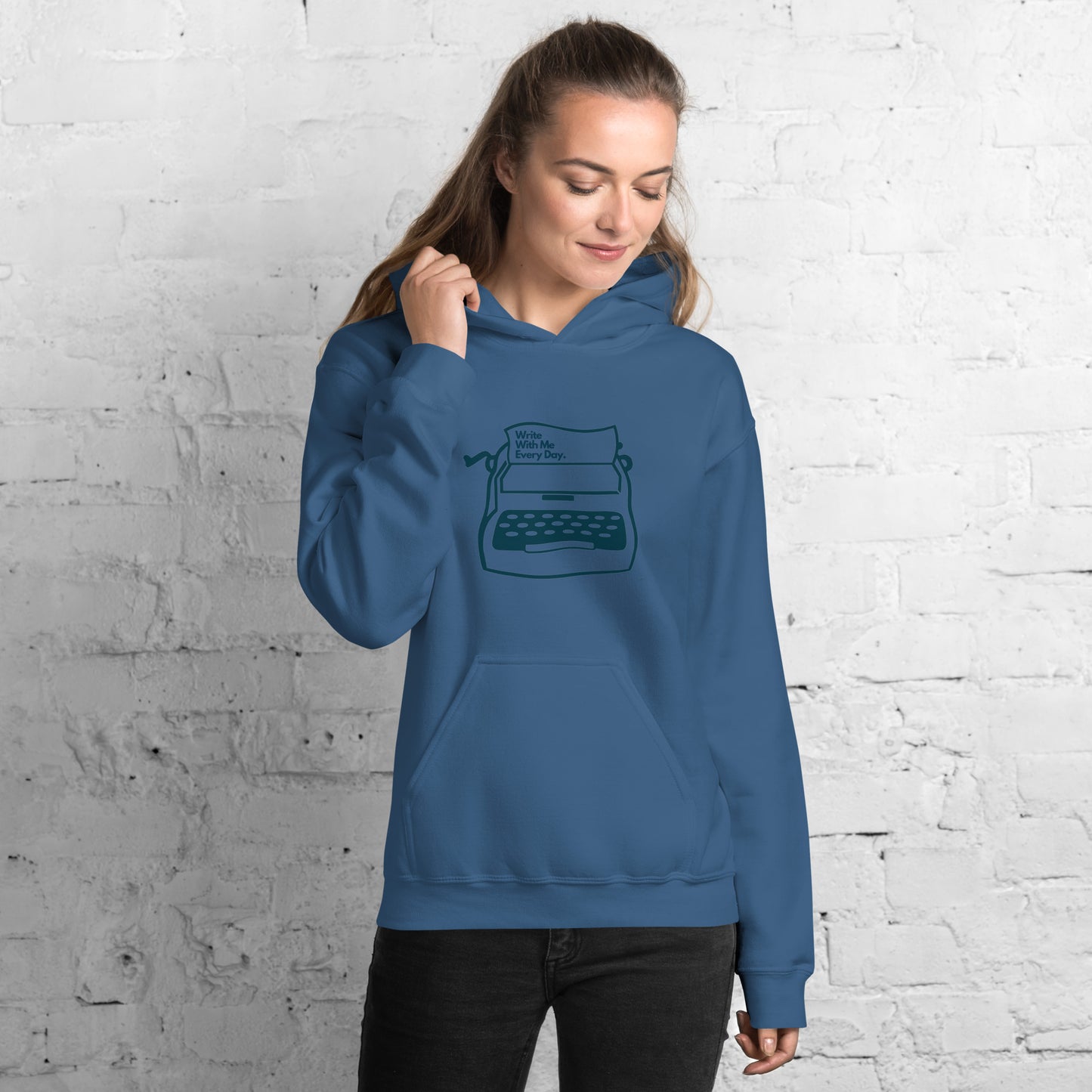 'Write With Me Every Day' Unisex Hoodie - Blue Typewriter