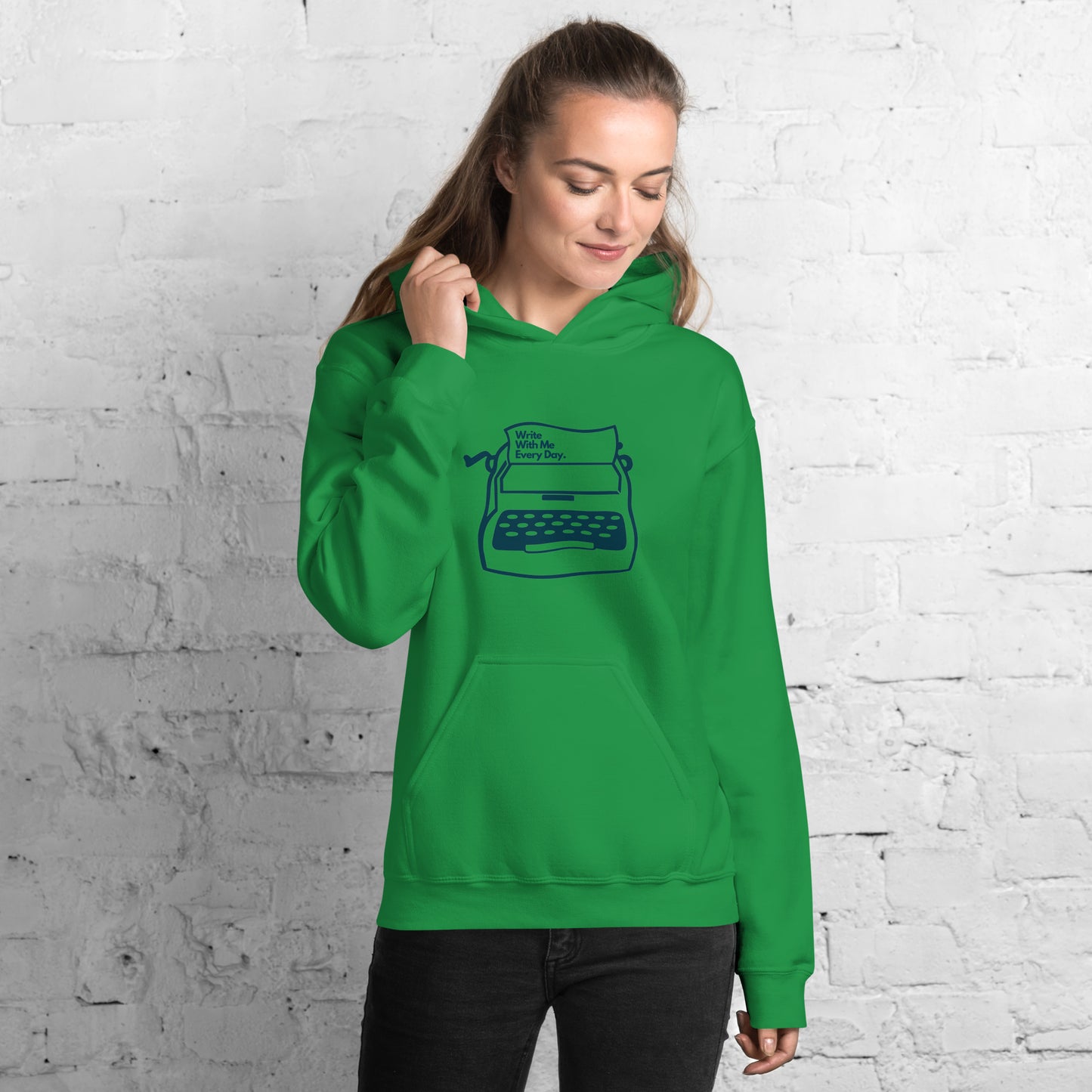 'Write With Me Every Day' Unisex Hoodie - Blue Typewriter
