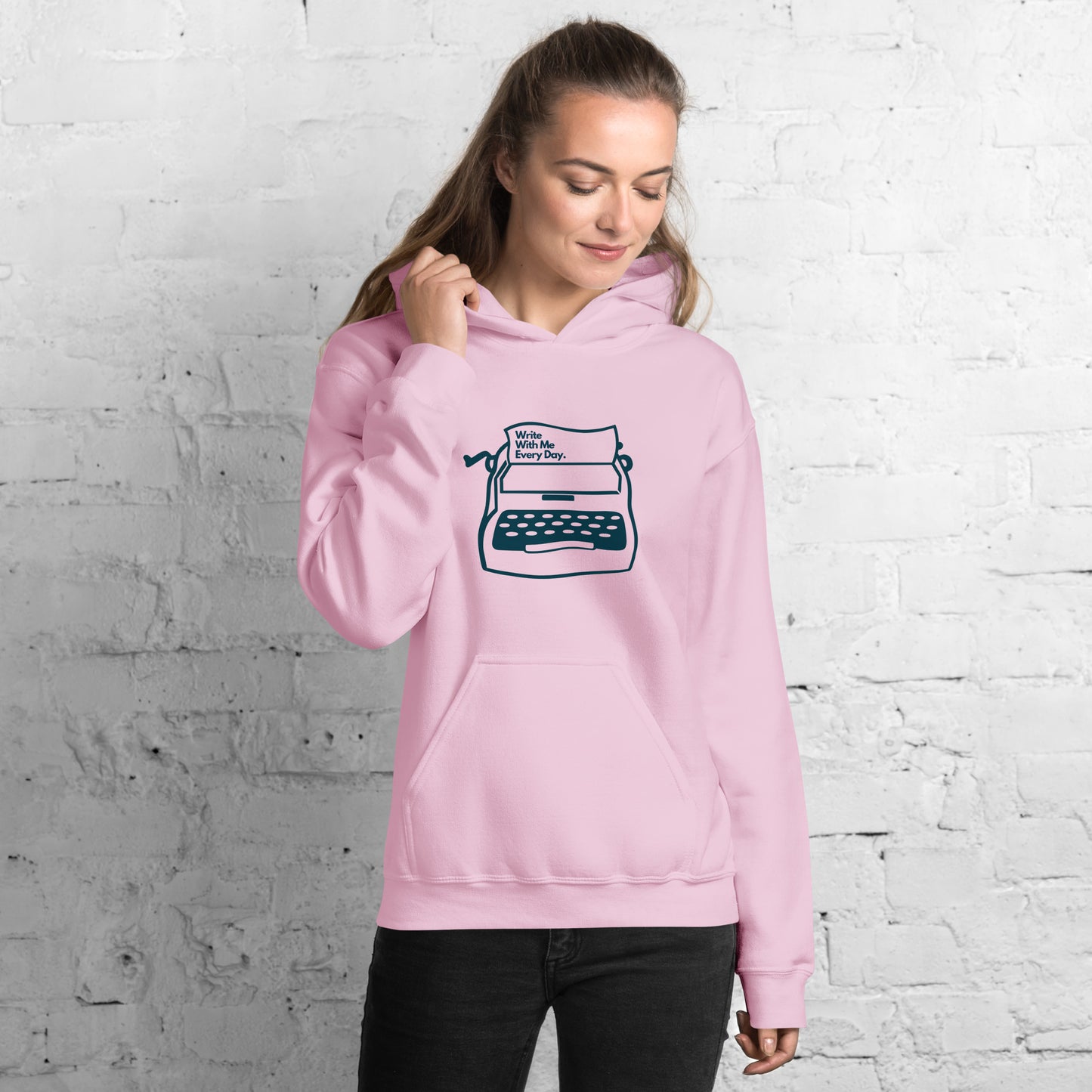 'Write With Me Every Day' Unisex Hoodie - Blue Typewriter