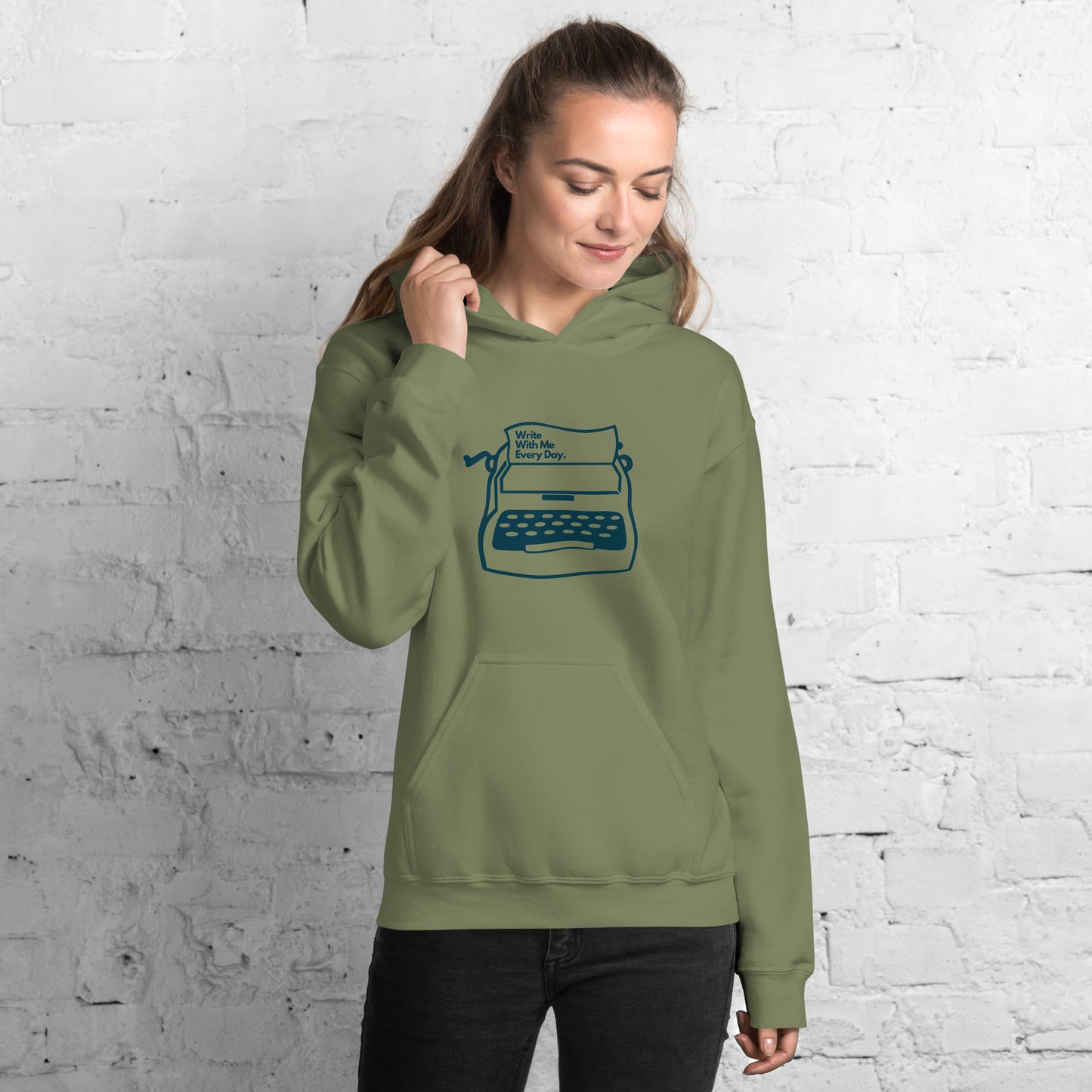'Write With Me Every Day' Unisex Hoodie - Blue Typewriter