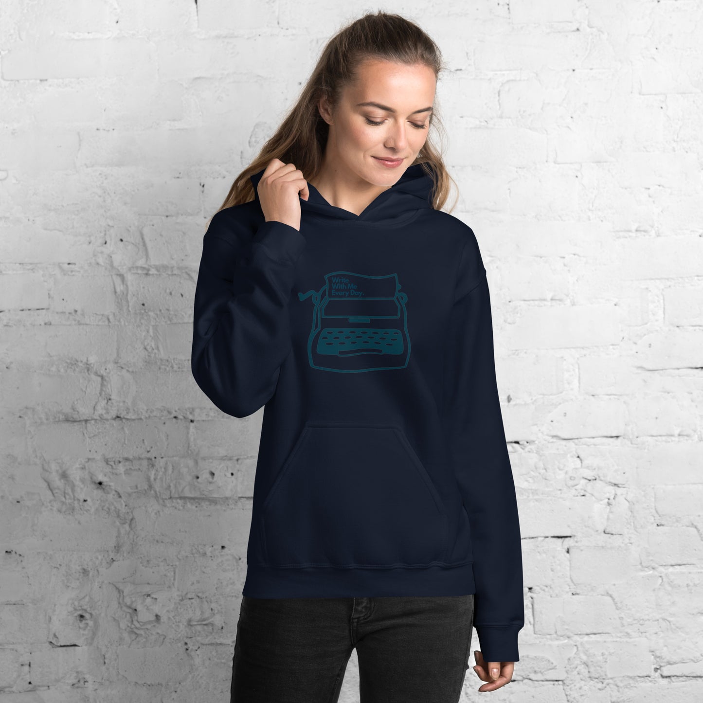 'Write With Me Every Day' Unisex Hoodie - Blue Typewriter