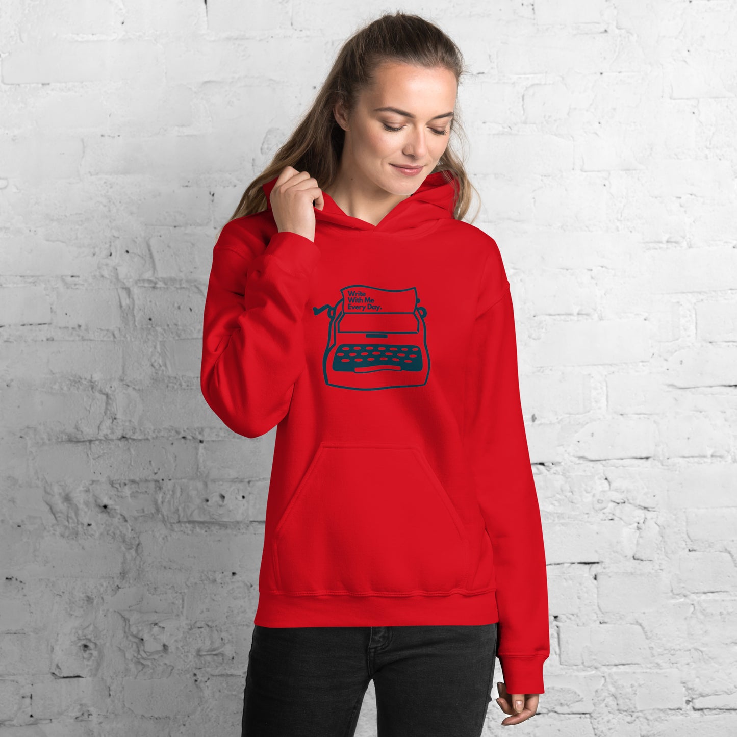 'Write With Me Every Day' Unisex Hoodie - Blue Typewriter