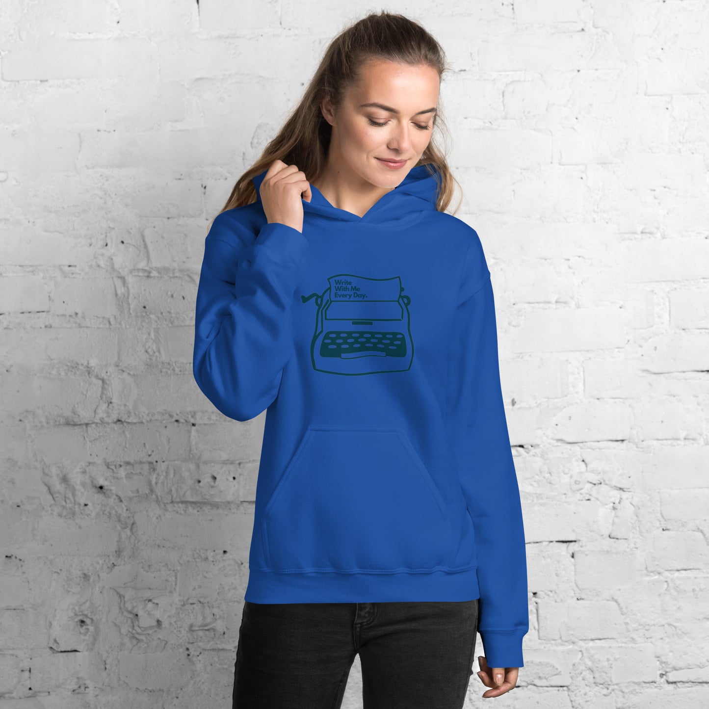 'Write With Me Every Day' Unisex Hoodie - Blue Typewriter