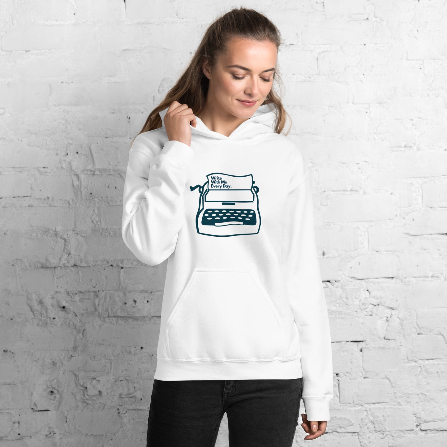 'Write With Me Every Day' Unisex Hoodie - Blue Typewriter