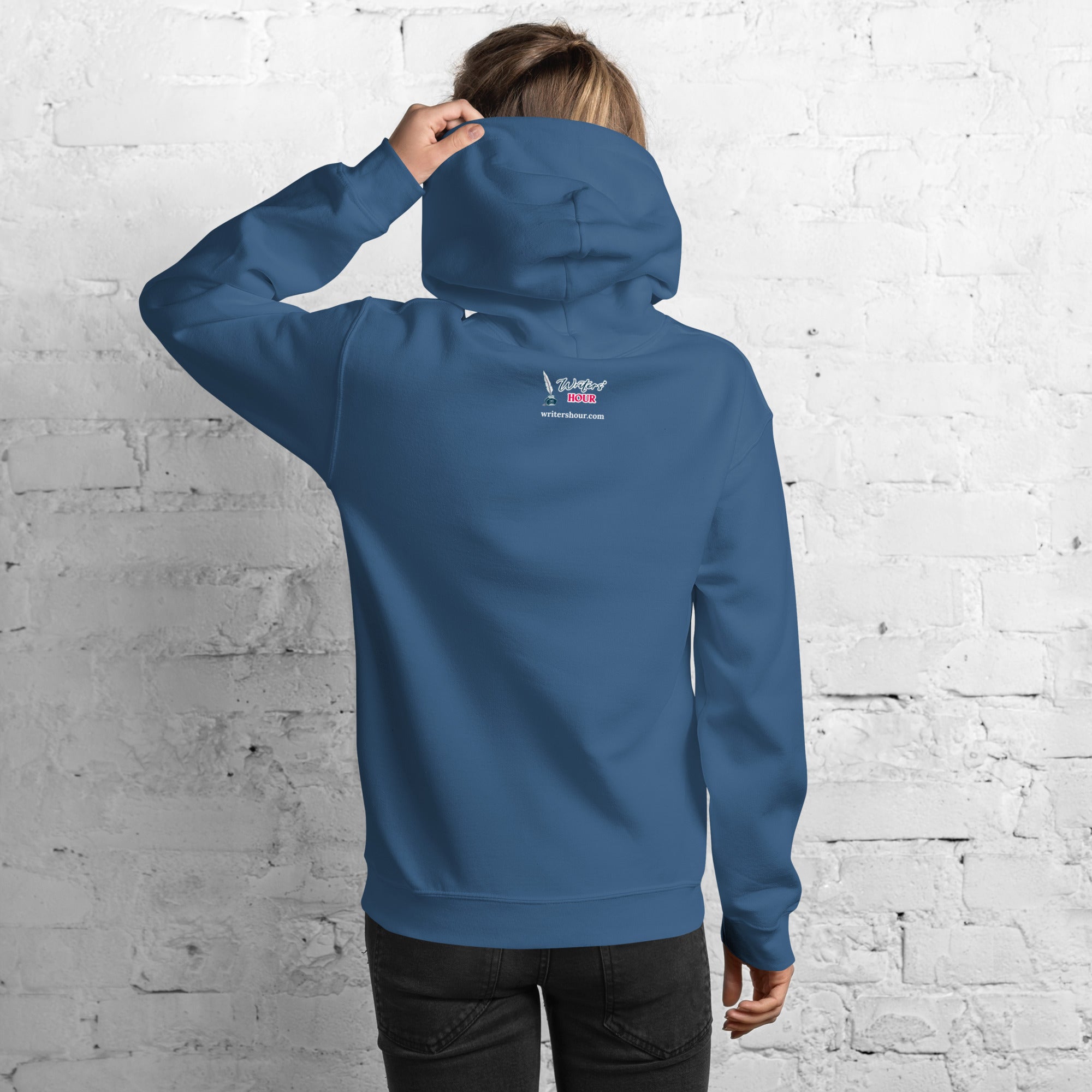 'Write With Me Every Day' Unisex Hoodie - Blue Typewriter