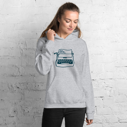 'Write With Me Every Day' Unisex Hoodie - Blue Typewriter